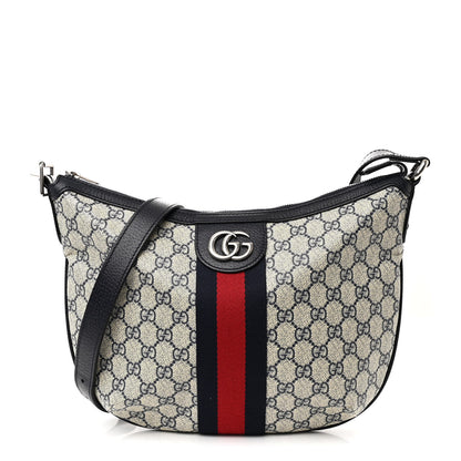 Gucci GG Supreme Monogram Textured Dollar Calfskin Web Small Ophidia Half Moon Hobo Beige Blue 1 of 11