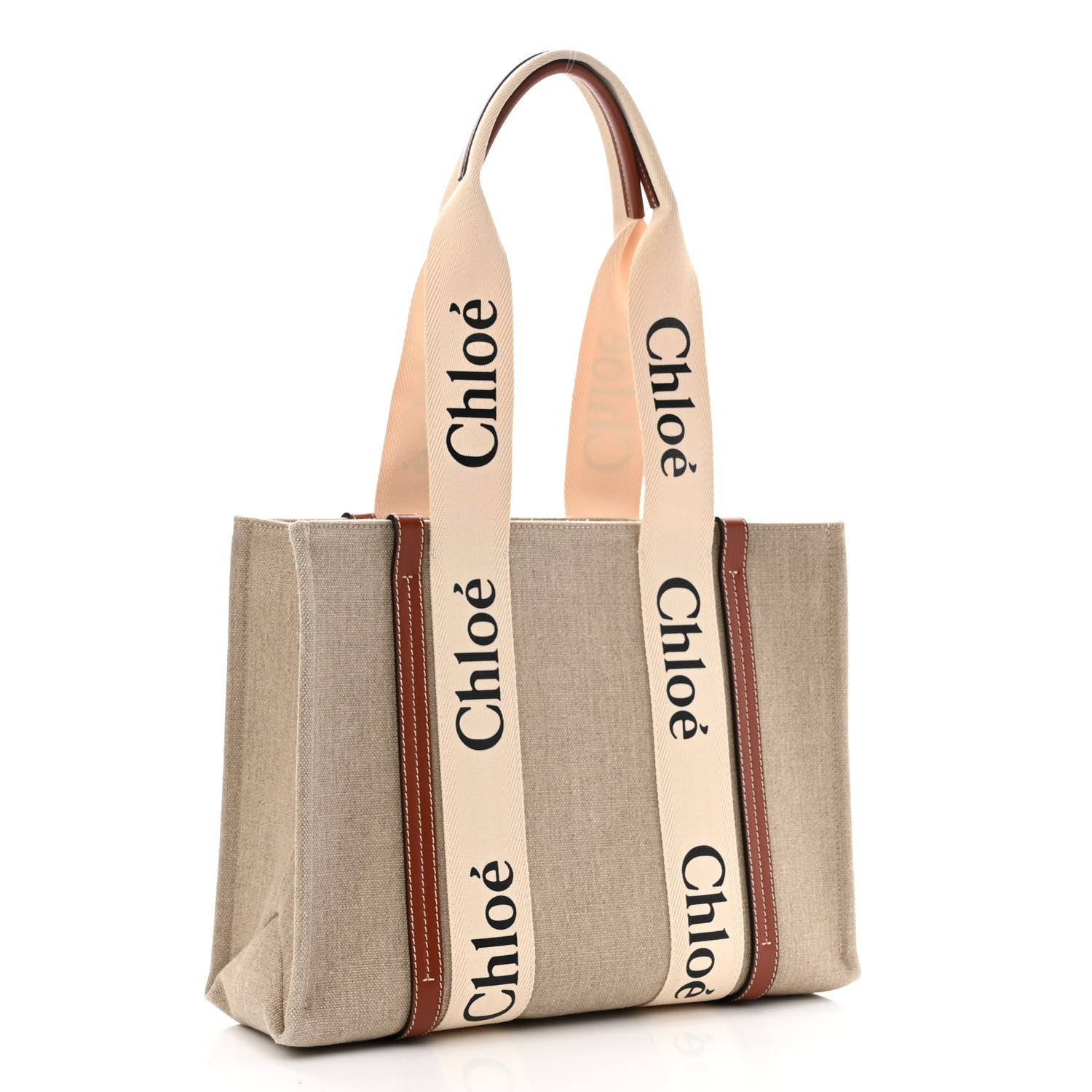 Chloe Cotton Calfskin Medium Woody Ribbon Tote White Brown 3 of 9