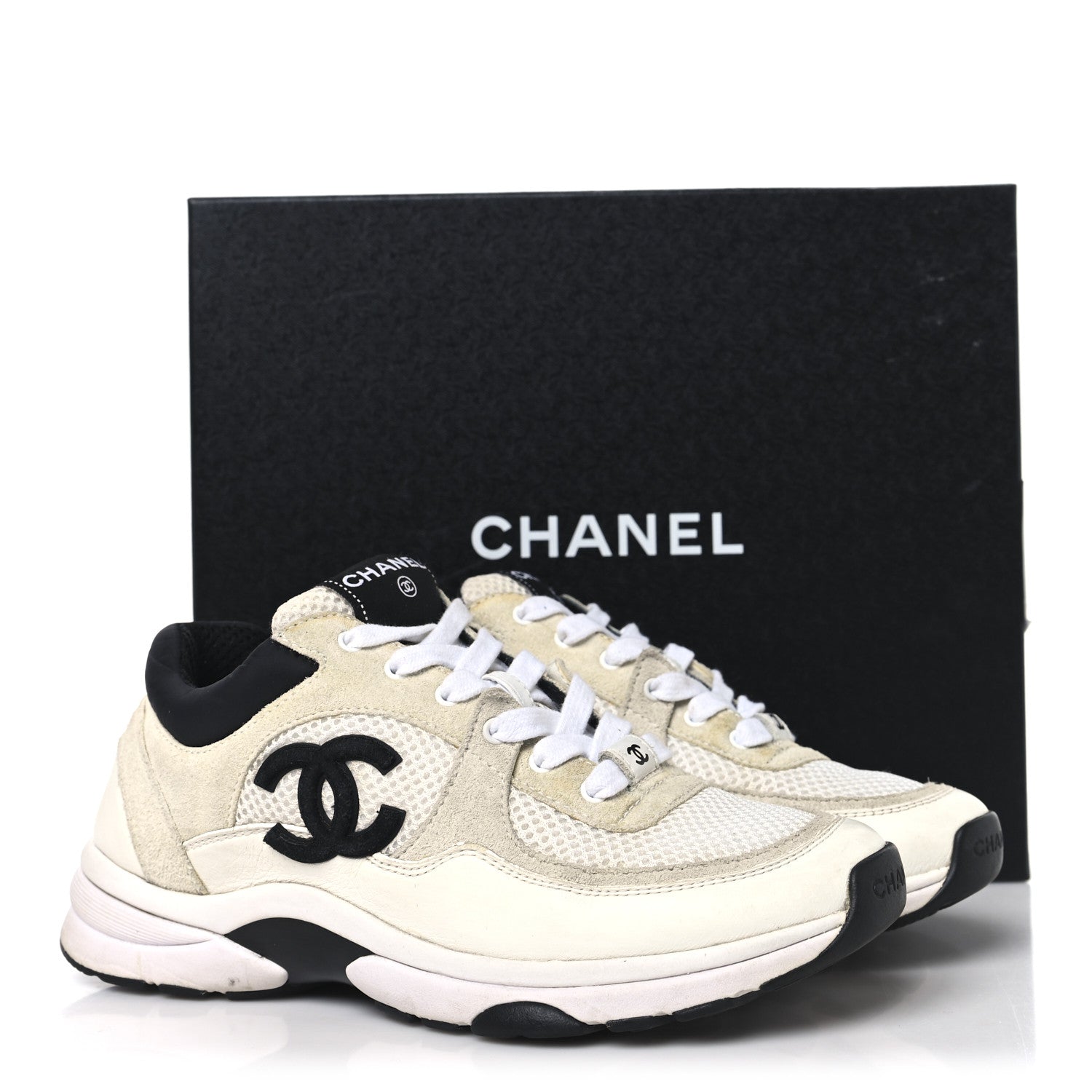 Chanel Mesh Suede Calfskin Grained Calfskin Womens CC Sneakers 37 White Black 9 of 9