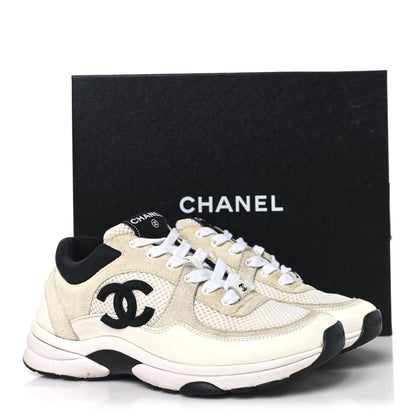 Chanel Mesh Suede Calfskin Grained Calfskin Womens CC Sneakers 37 White Black 9 of 9