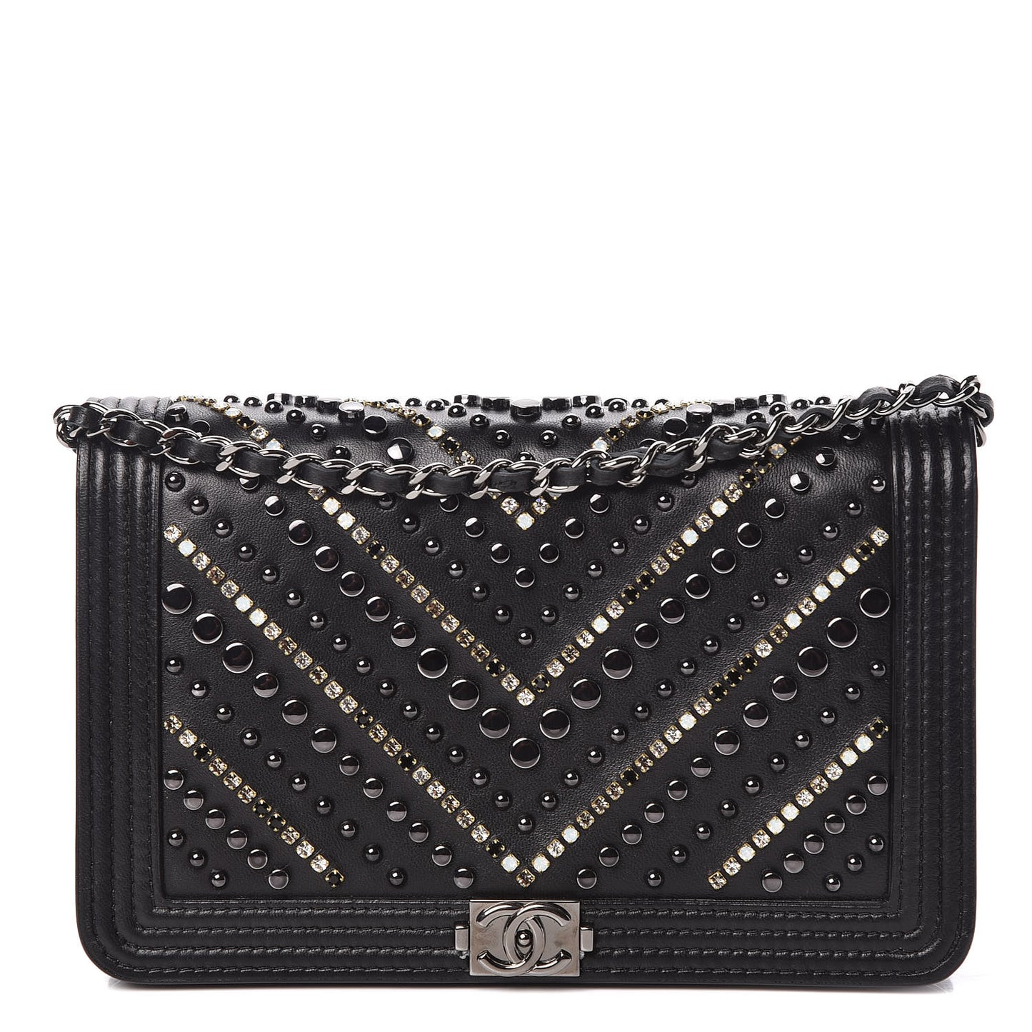 Calfskin Crystal Studded Chevron Boy Wallet On Chain WOC Black