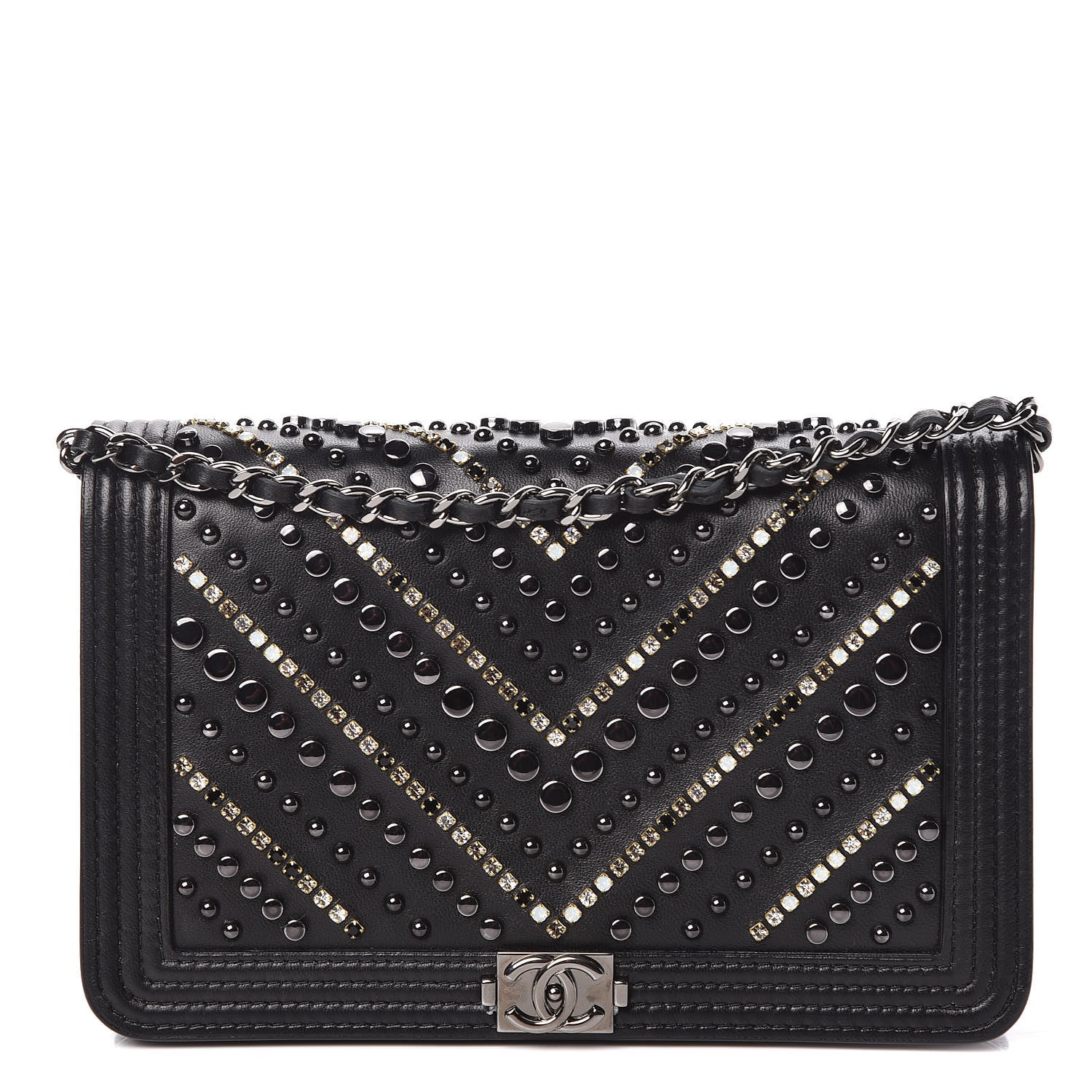 Chanel Calfskin Crystal Studded Chevron Boy Wallet On Chain WOC Black 1 of 17