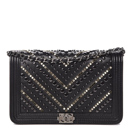Chanel Calfskin Crystal Studded Chevron Boy Wallet On Chain WOC Black 1 of 17