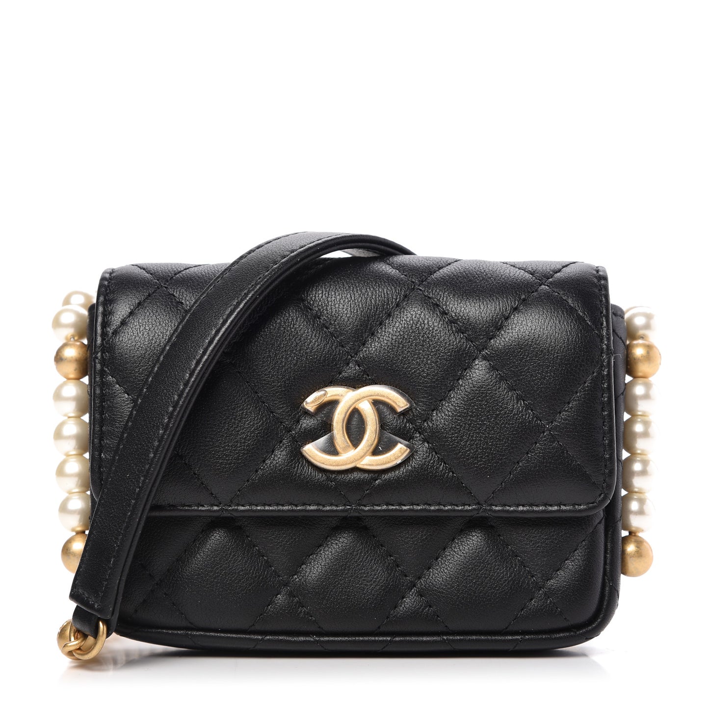 Calfskin Quilted About Pearls Card Holder Flap With Chain Black