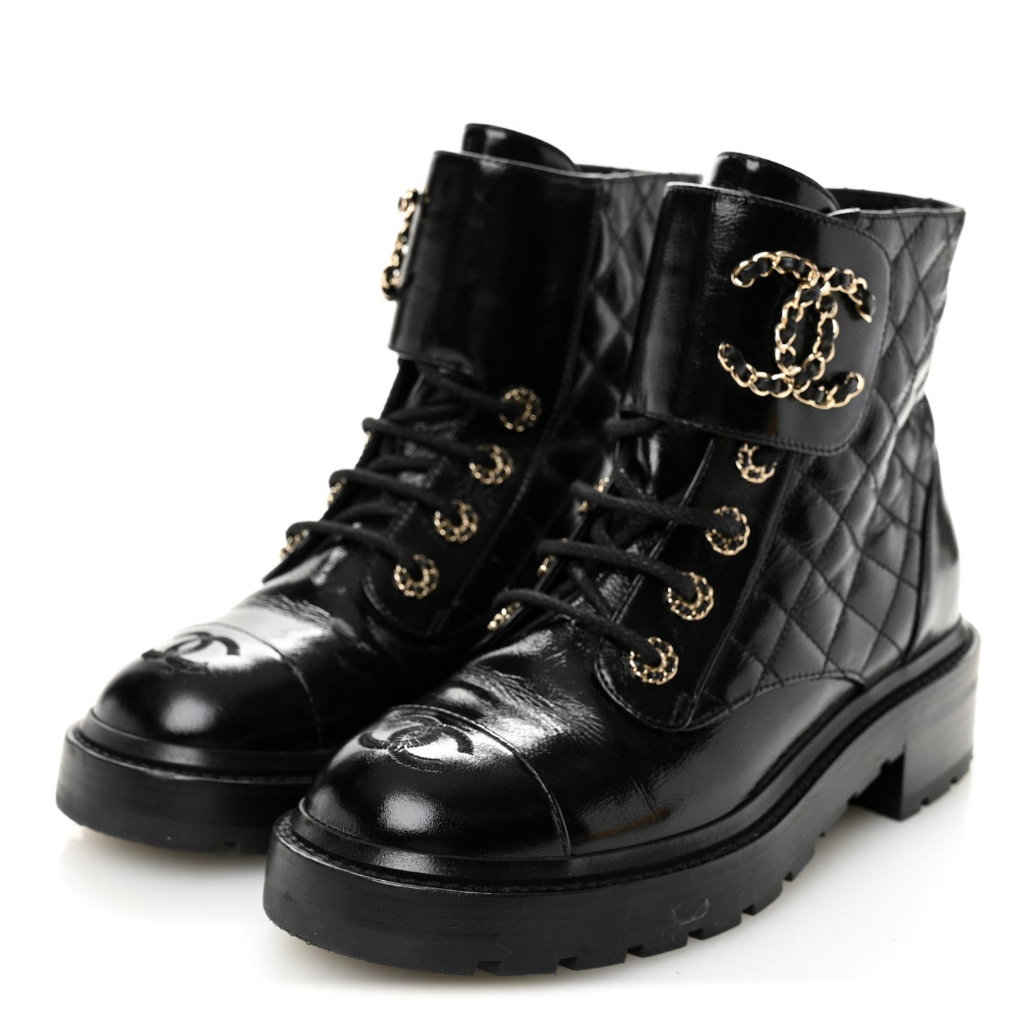 Shiny Calfskin Quilted Lace Up Combat Boots 37.5 Black
