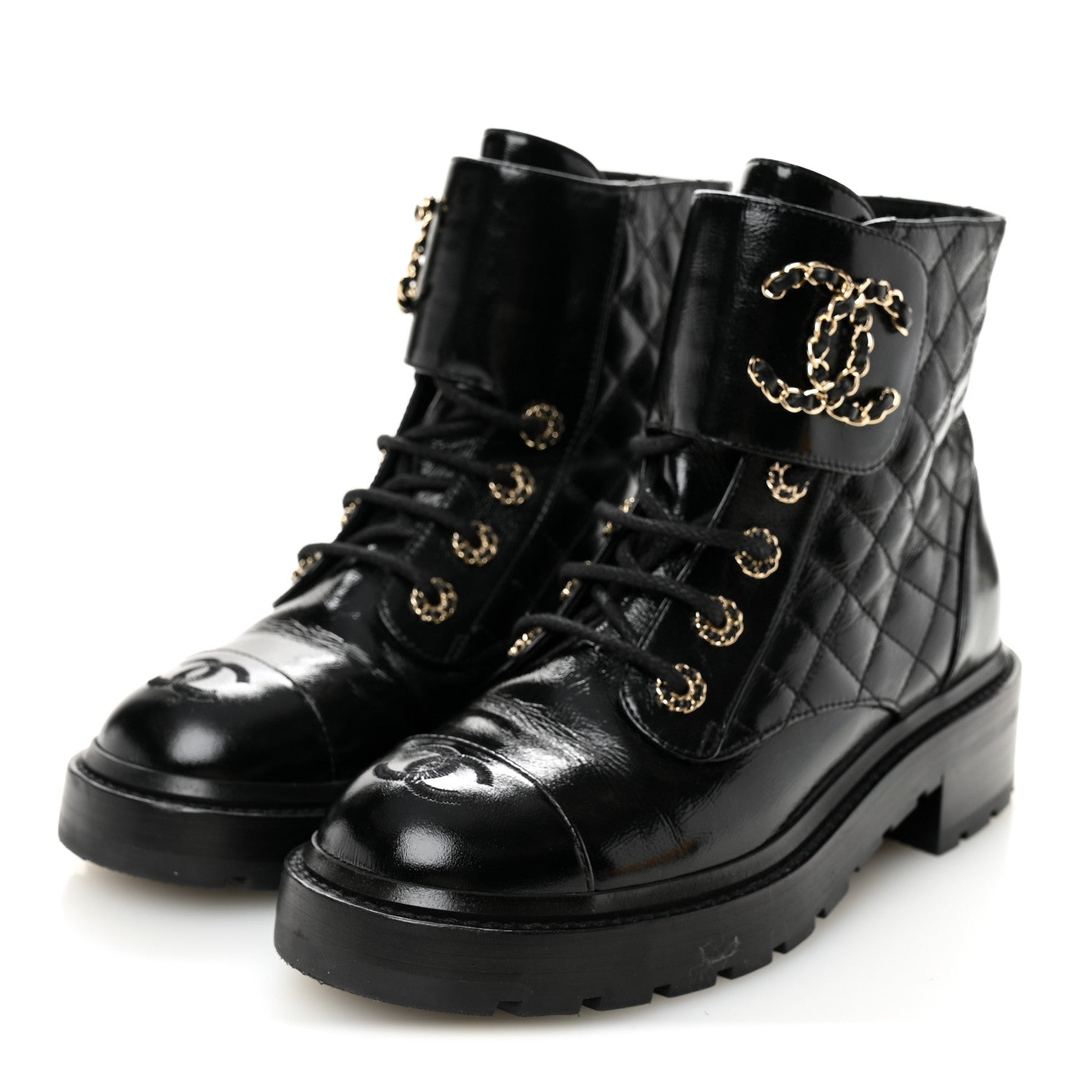 Chanel Shiny Calfskin Quilted Lace Up Combat Boots 37.5 Black 3 of 10