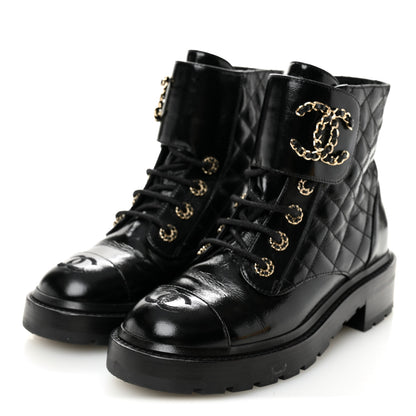 Chanel Shiny Calfskin Quilted Lace Up Combat Boots 37.5 Black 3 of 10