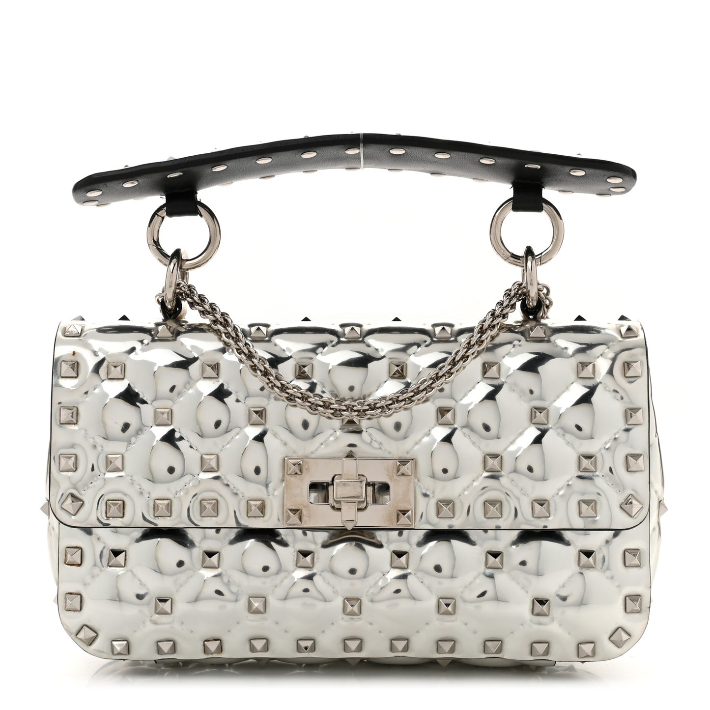 Metallic Patent Quilted Small Rockstud Spike Shoulder Bag Silver
