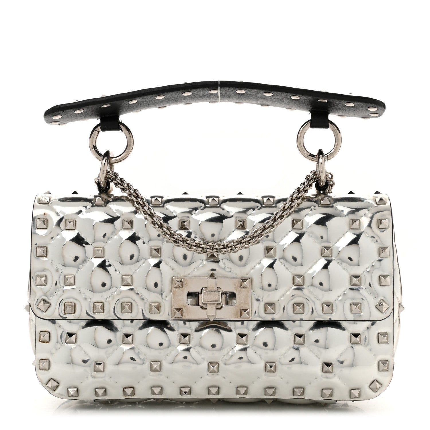 Valentino Garavani Metallic Patent Quilted Small Rockstud Spike Shoulder Bag Silver 1 of 9