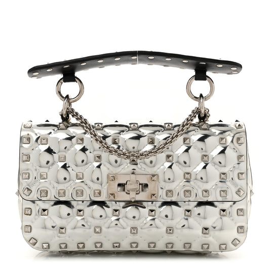 Metallic Patent Quilted Small Rockstud Spike Shoulder Bag Silver