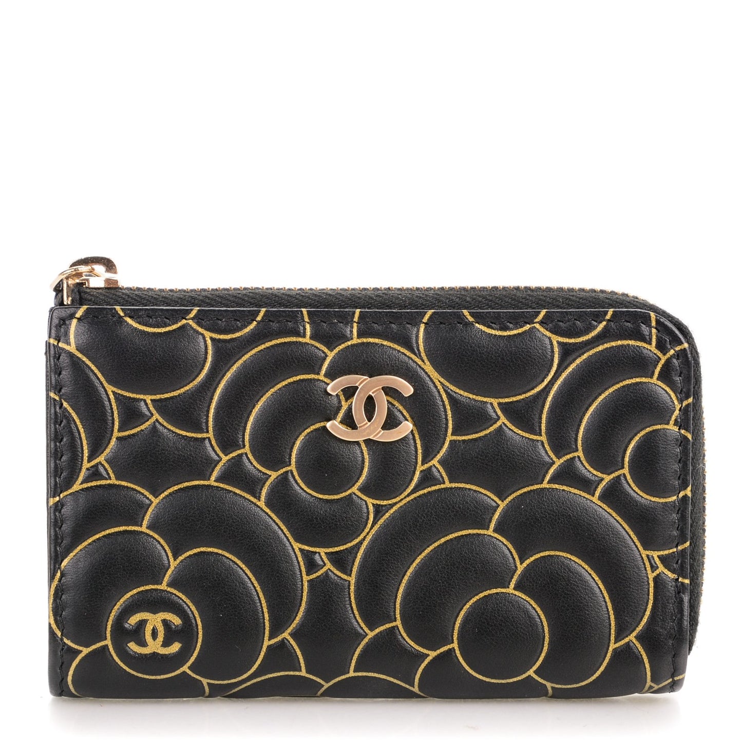 Lambskin Camellia Embossed Key Holder Case Black