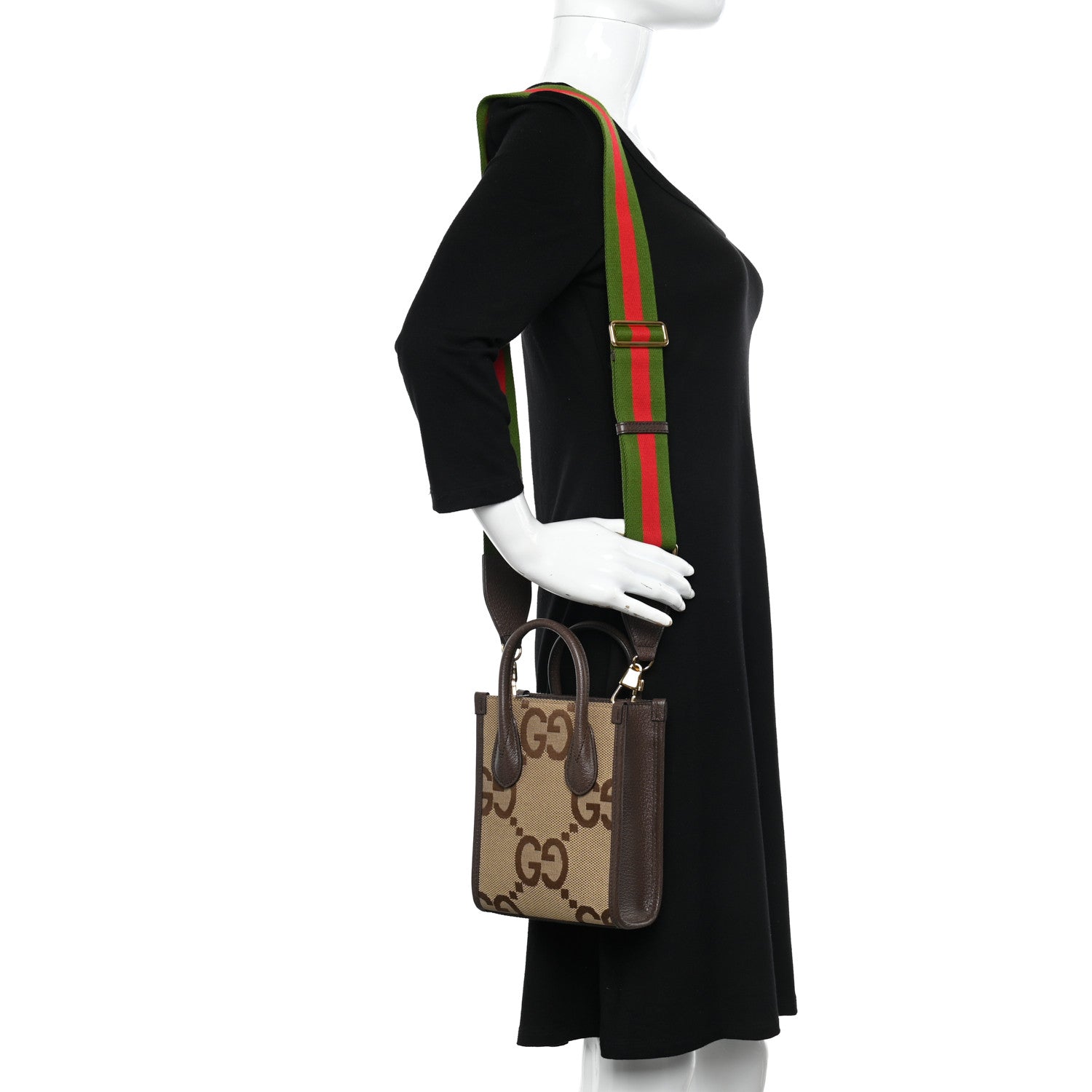 Gucci Monogram Jumbo GG Textured Dollar Calfskin Web Mini Vertical Tote Camel Ebony New Acero 2 of 9