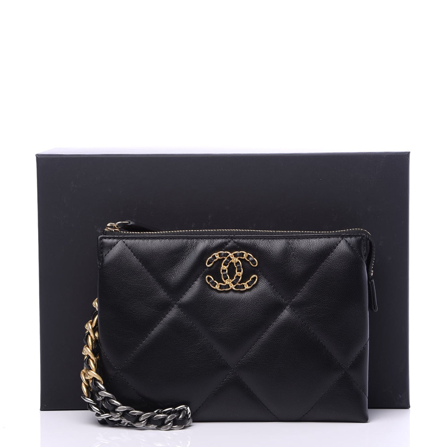 Shiny Goatskin Quilted Small Chanel 19 Pouch With Handle Black