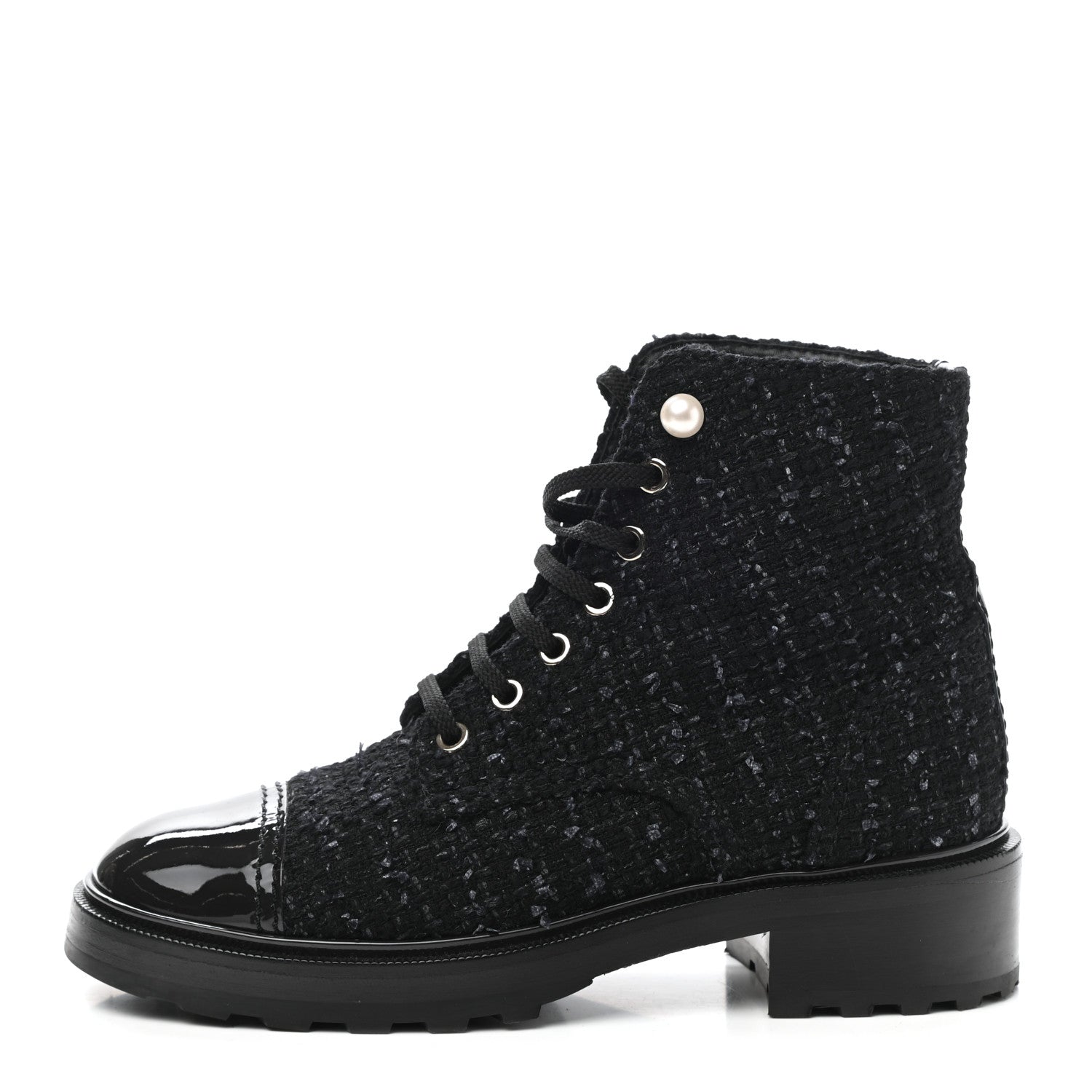 Chanel Tweed Patent Calfskin Pearl Combat Short Boots 38.5 Black Grey 1 of 9
