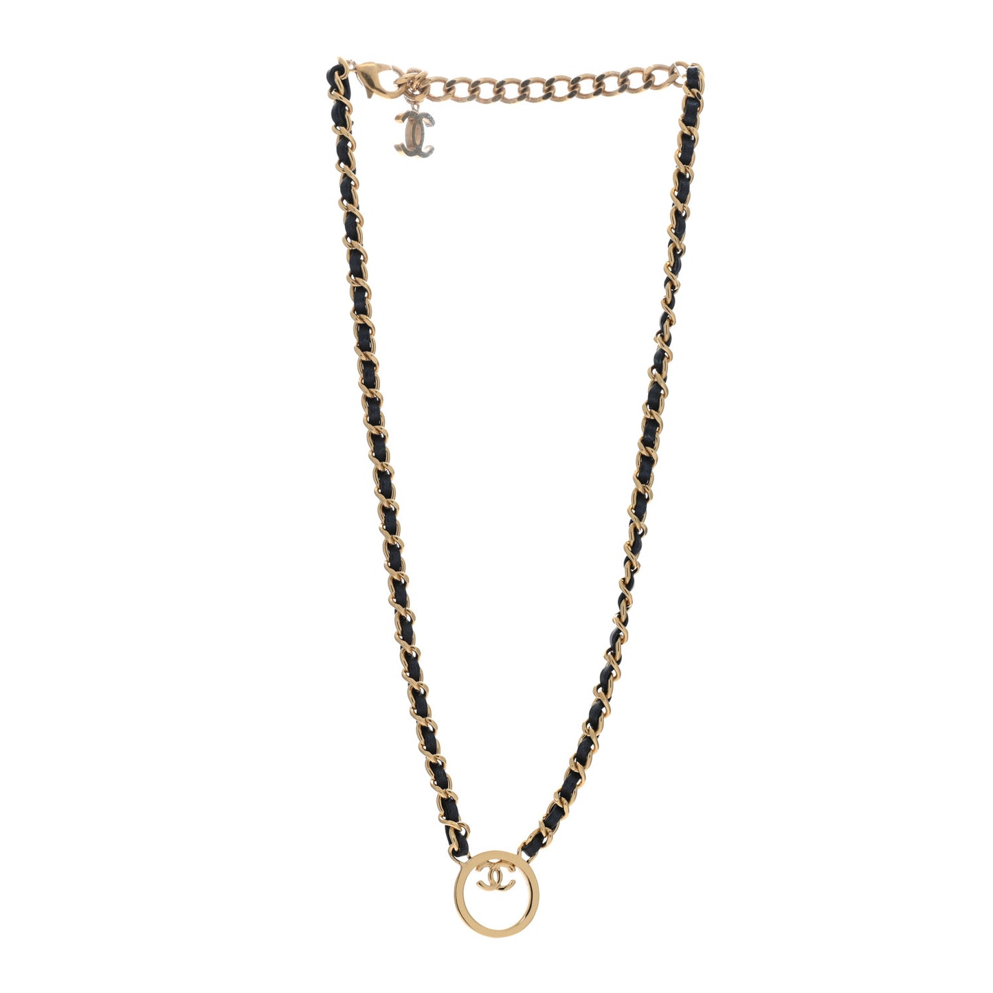 Metal Lambskin CC Round Long Necklace Gold Black