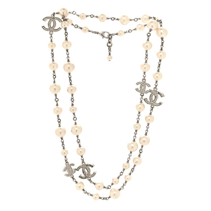 Chanel Graduated Pearl Crystal CC Long Necklace Silver 3 of 6
