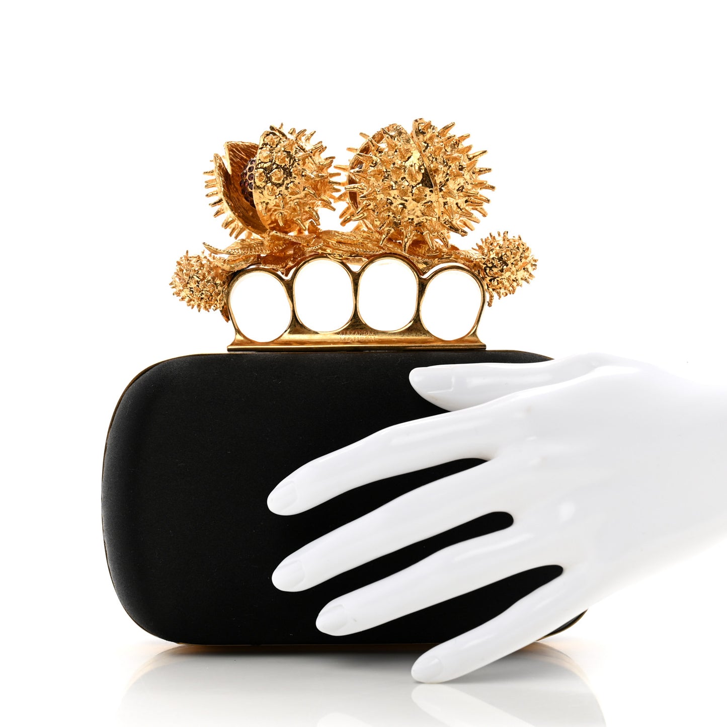 Satin Venus Fly Trap Knuckle Box Clutch Black