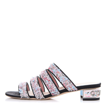 Chanel Tweed Grosgrain Sandals 35.5 Black Blue Pink 1 of 11