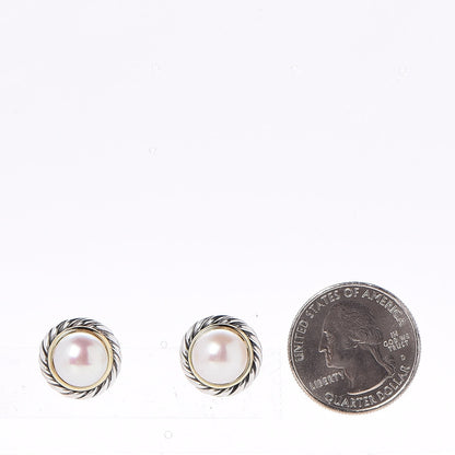 David Yurman Sterling Silver 18K Yellow Gold Pearl 10mm Cable Earrings 2 of 4