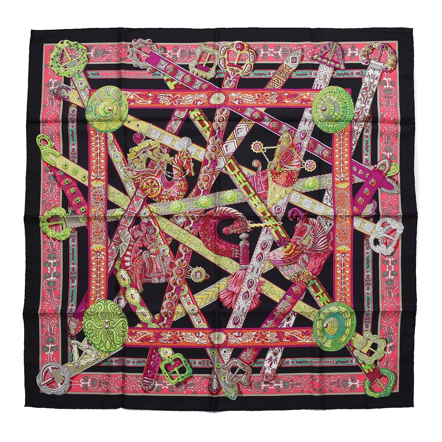 Hermes Silk Le Songe De La Licorne Scarf 90 Black Fuchsia Vert Fluo 1 of 3