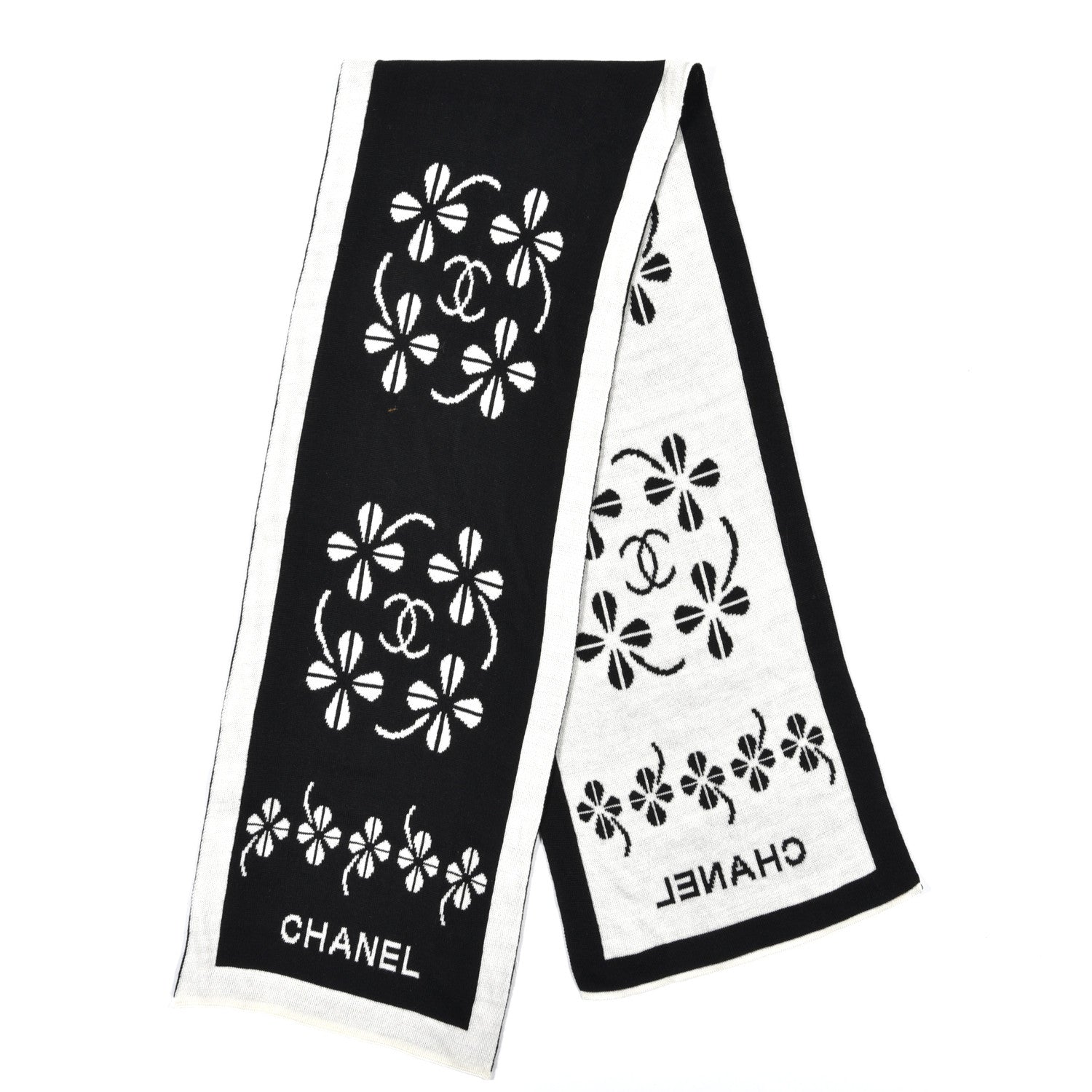 Chanel Cashmere Wool Clover Scarf Black White 2 of 4