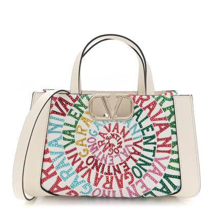 Valentino Garavani Canvas Calfskin Crystal Small Escape Loop Vlogo Signature Tote White Multicolor 1 of 10