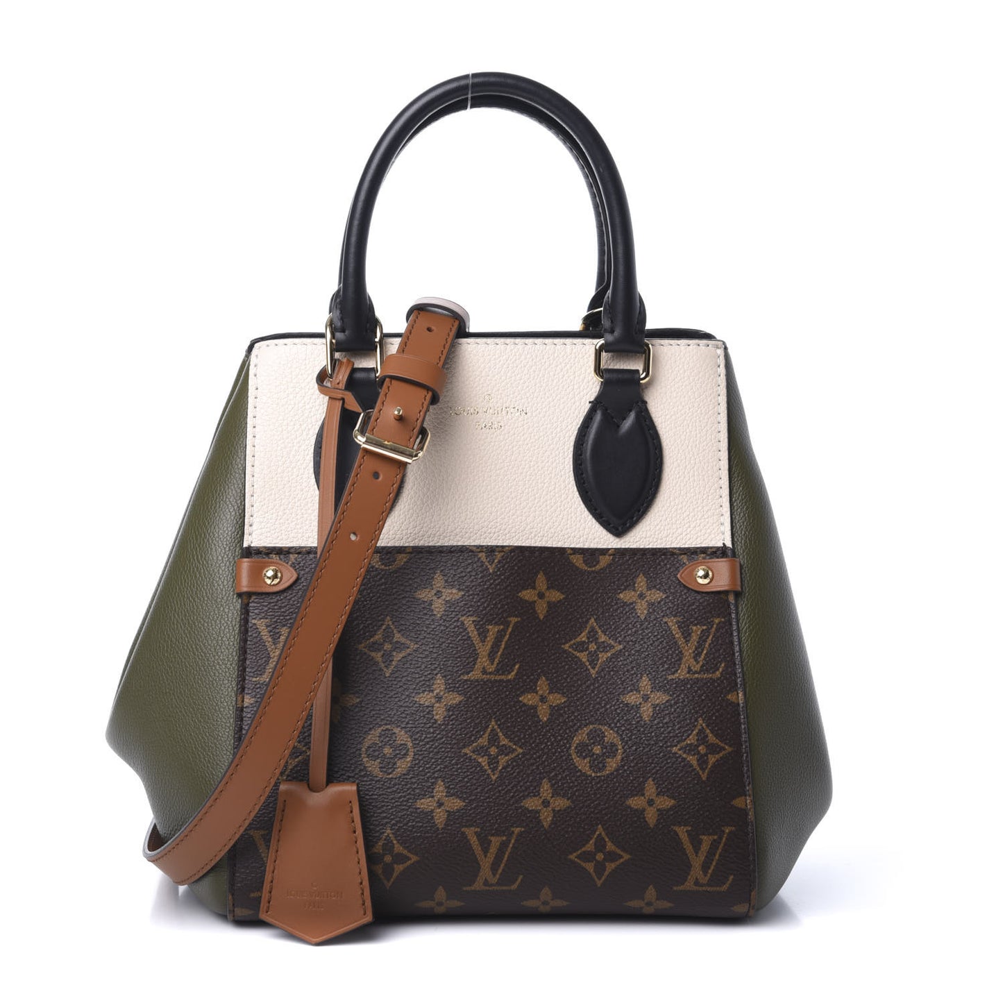 Calfskin Monogram Fold Tote MM Black Khaki Cream