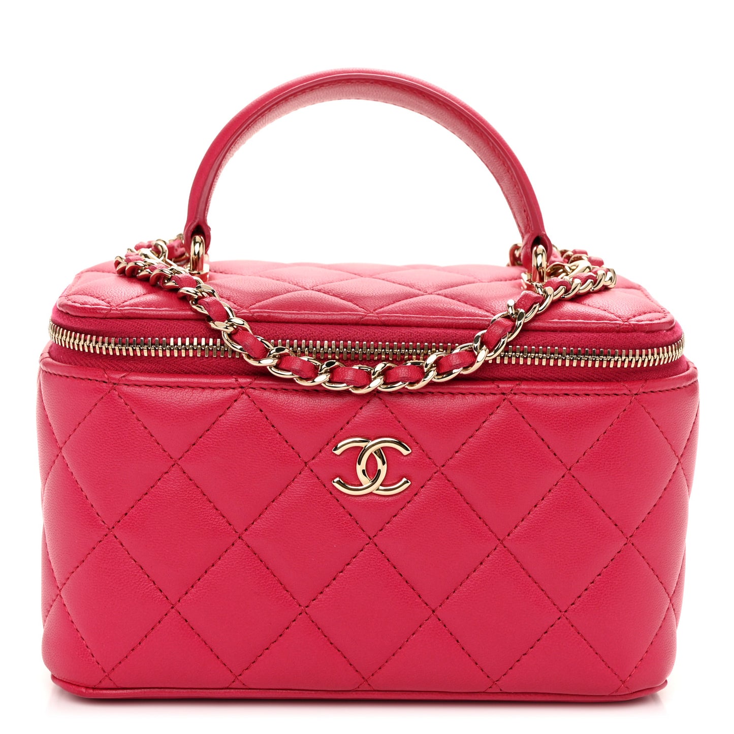 Lambskin Quilted Small Top Handle Vanity Case With Chain Dark Pink