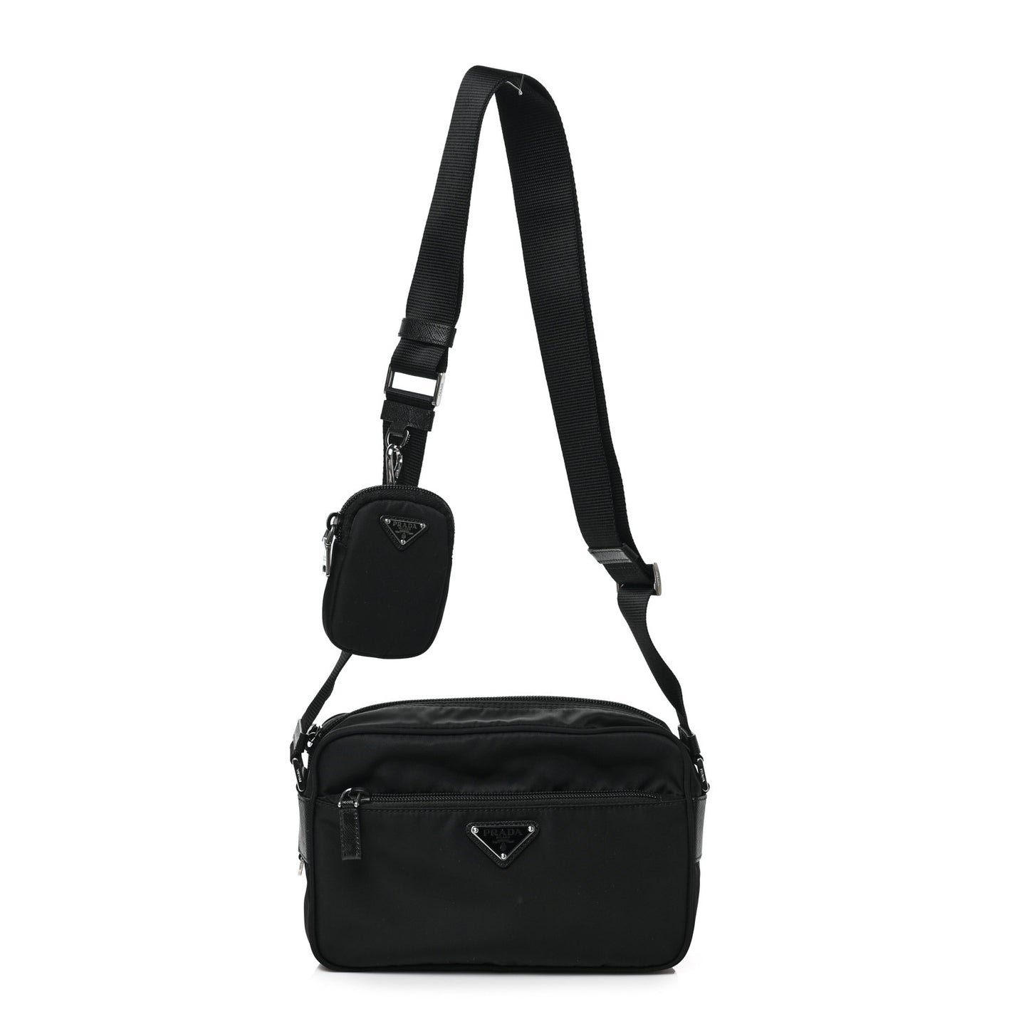 Re-Nylon Vela Saffiano Pocket Double Zip Shoulder Bag Black