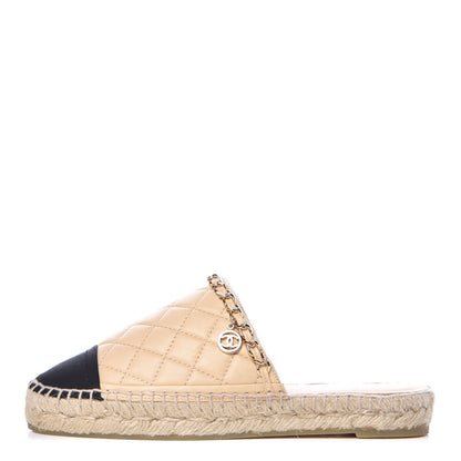 Chanel Lambskin Grosgrain Quilted CC Chain Espadrille Mules 35 Beige Black 1 of 10