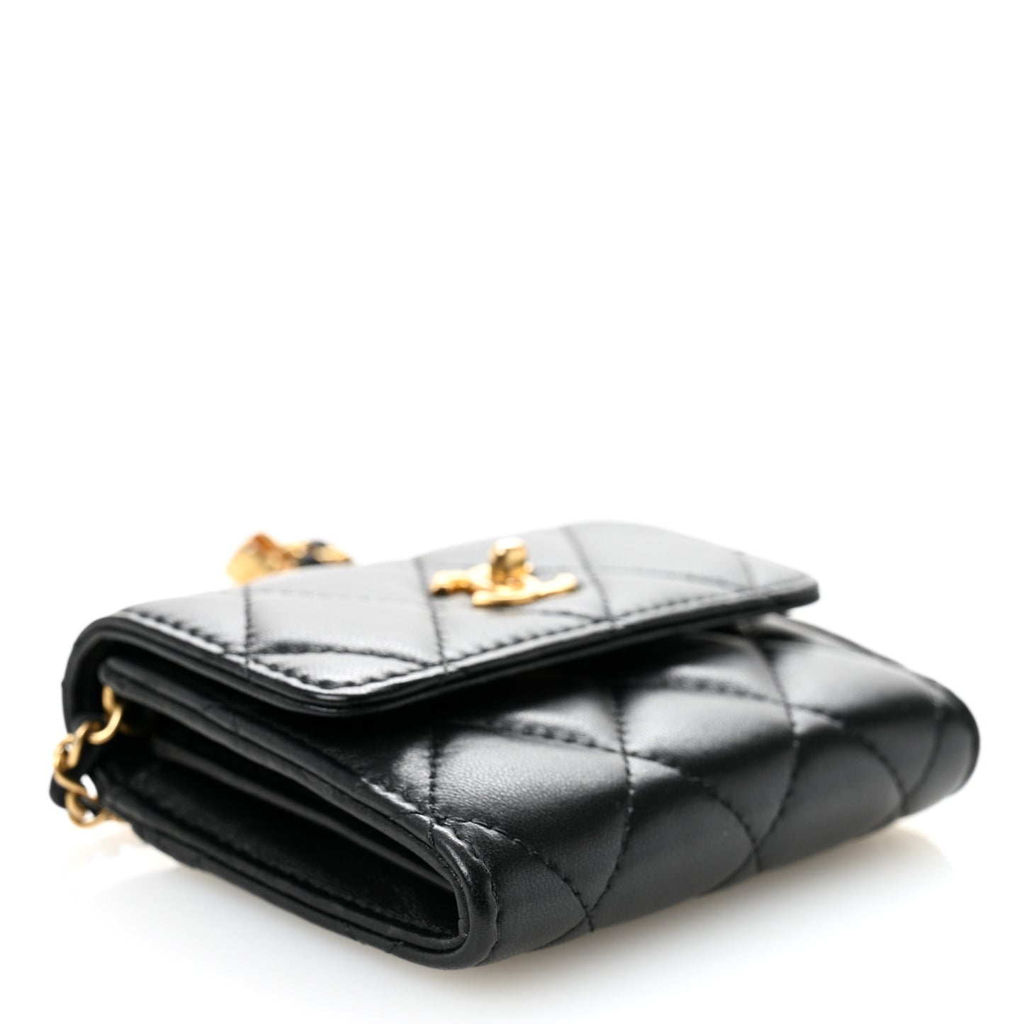 Lambskin Quilted Pearl Crush Card Holder With Chain Black