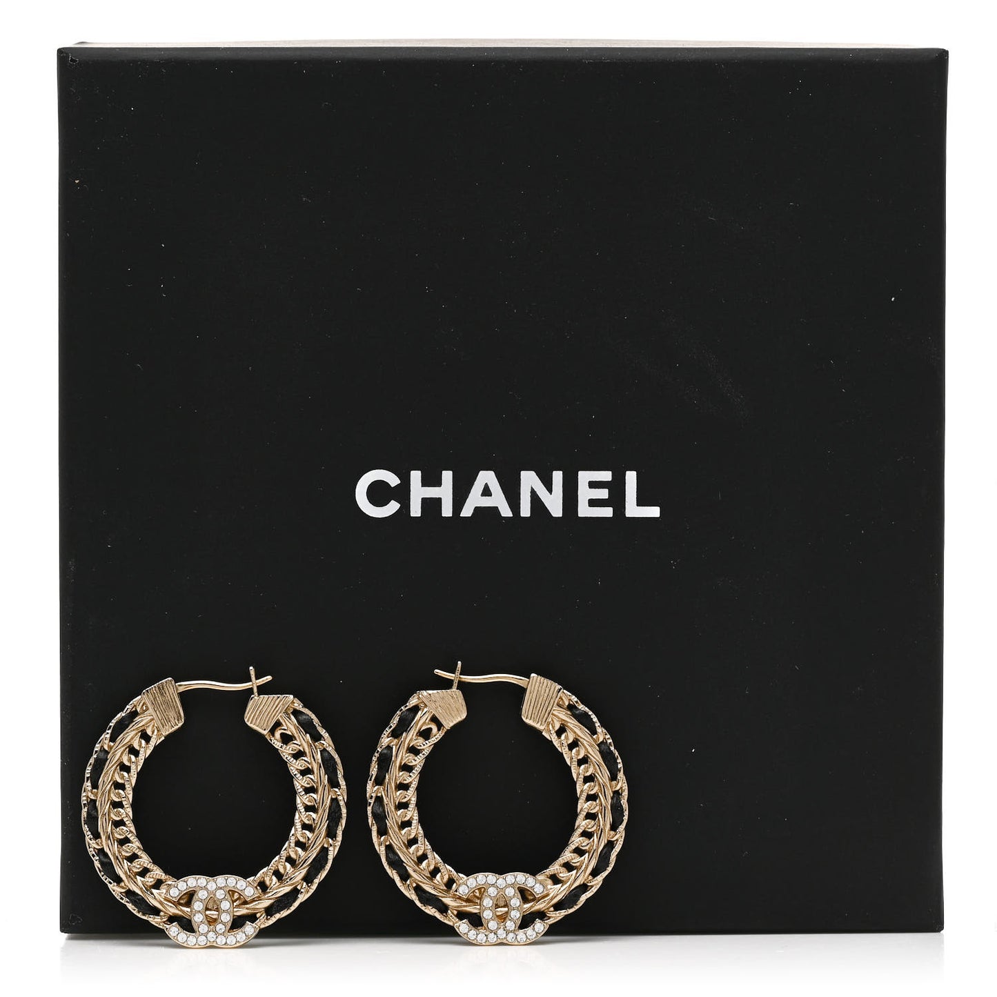 Crystal Lambskin CC Chain Hoop Earrings Gold Black