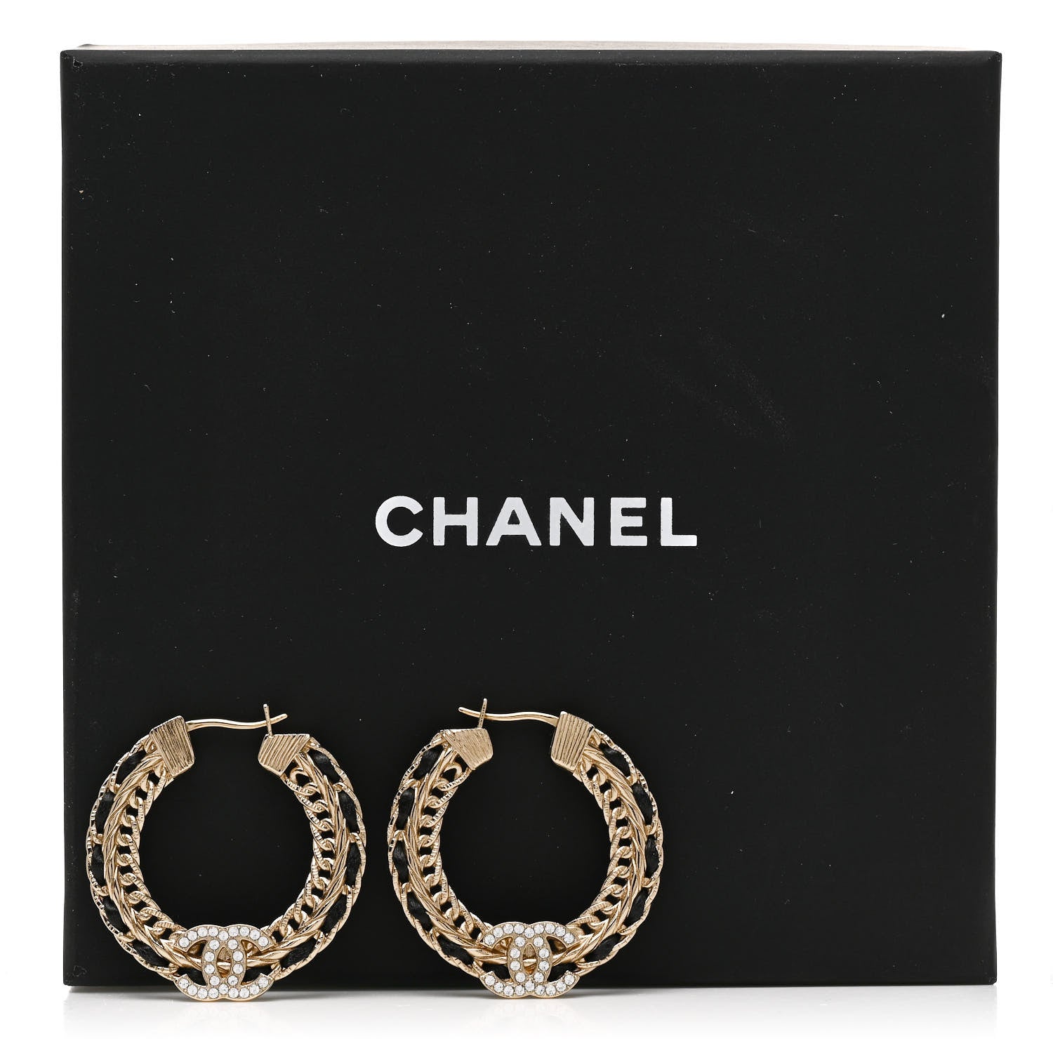 Chanel Crystal Lambskin CC Chain Hoop Earrings Gold Black 5 of 5