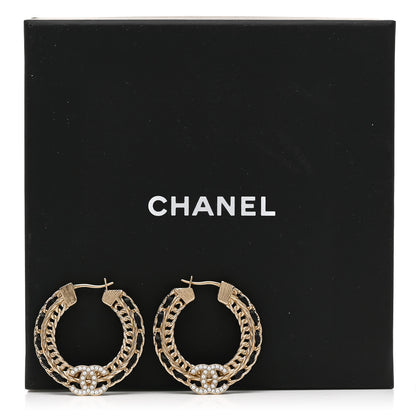 Chanel Crystal Lambskin CC Chain Hoop Earrings Gold Black 5 of 5