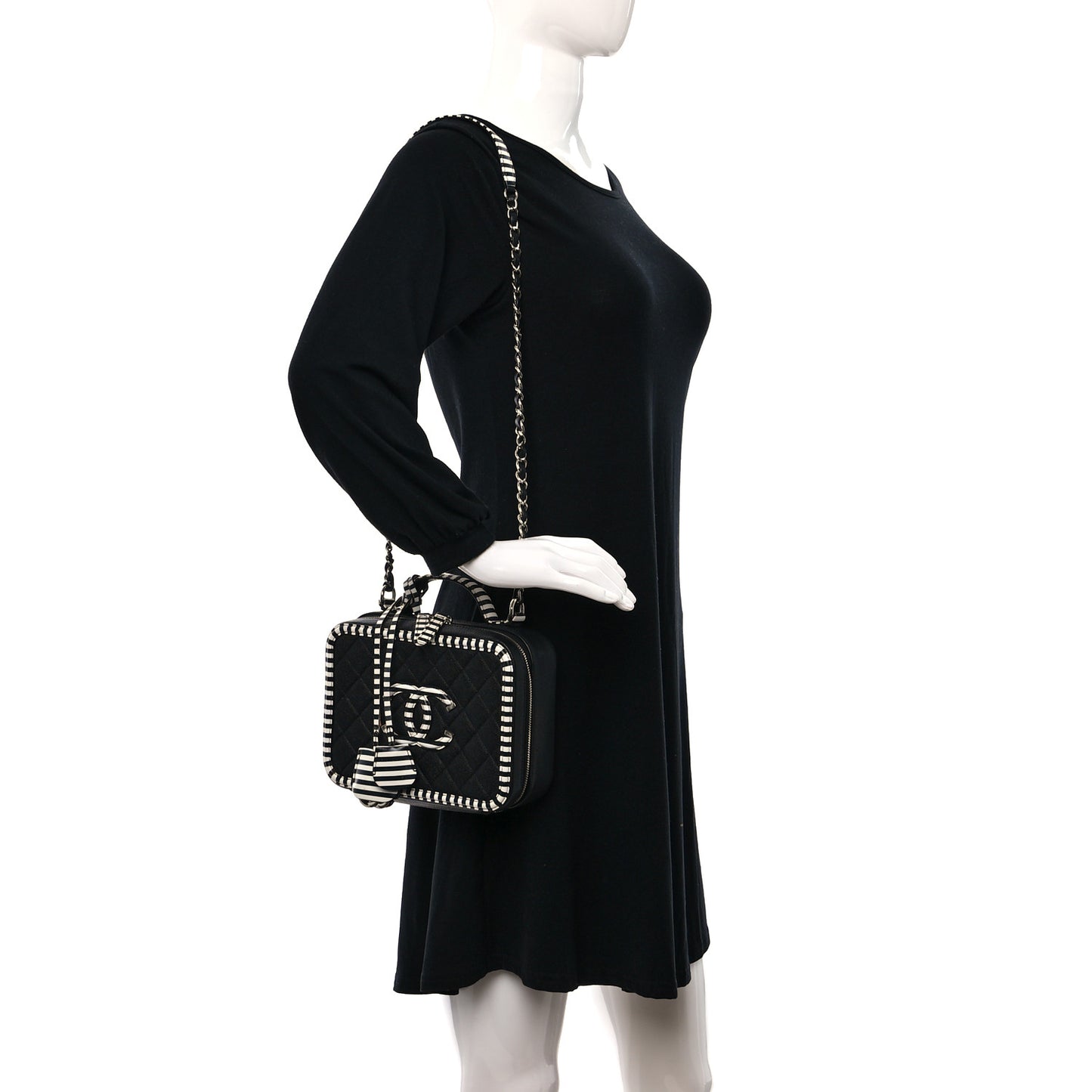 Caviar Quilted Striped Medium CC Filigree Vanity Case Black White