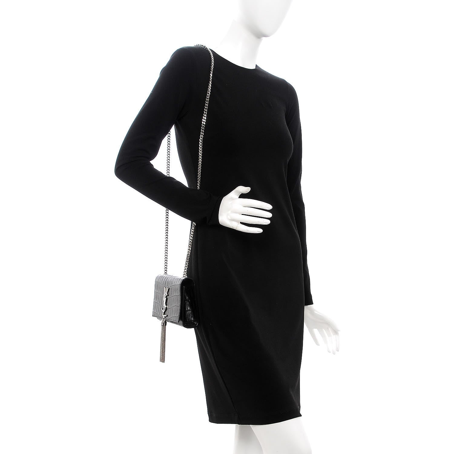 Saint Laurent Croc Calfskin Embossed Small Classic Monogram Kate Tassel Satchel Black 3 of 10