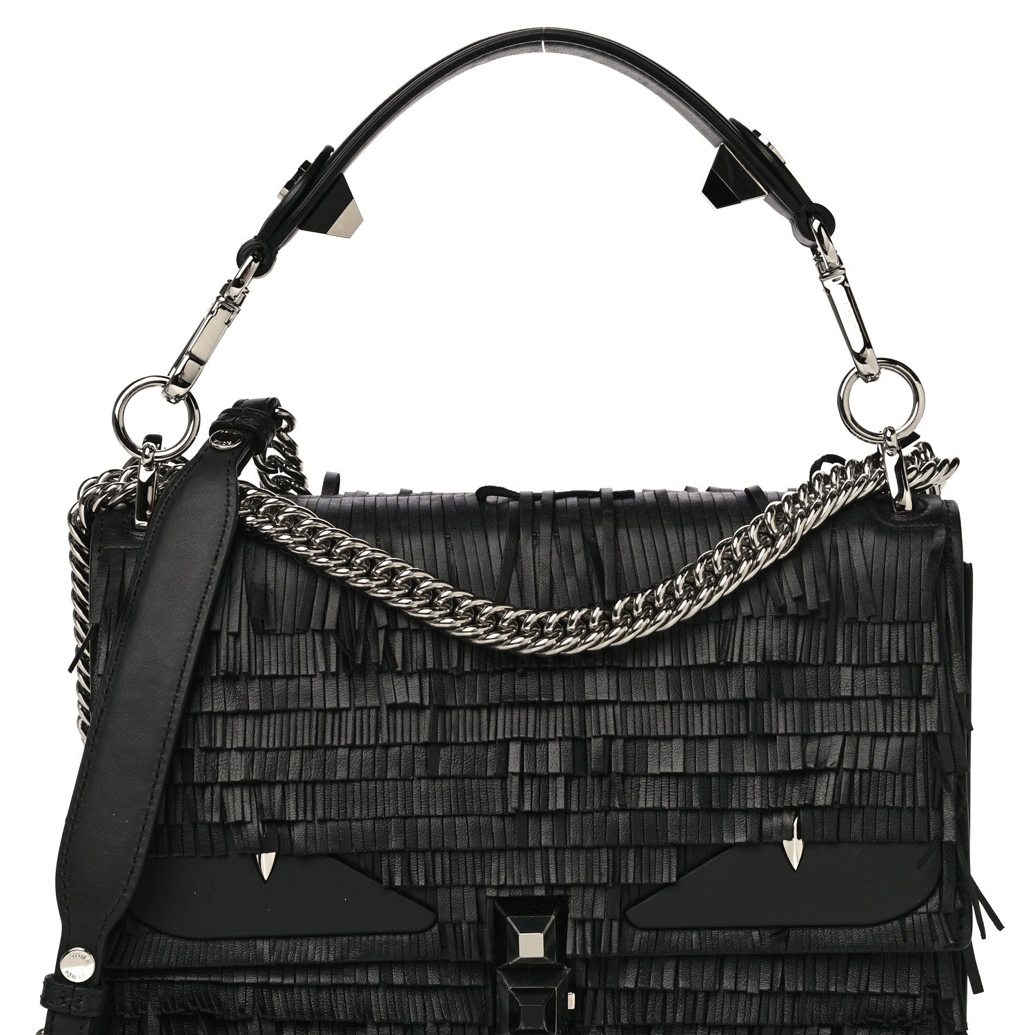 Fendi Vitello Century Opaco Monster Eyes Fringe Studded Kan I Shoulder Bag Black 7 of 10