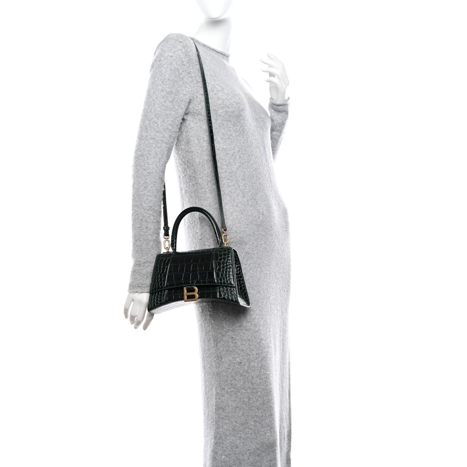 Balenciaga Shiny Calfskin Crocodile Embossed Small Hourglass Top Handle Bag Forest Green 2 of 14