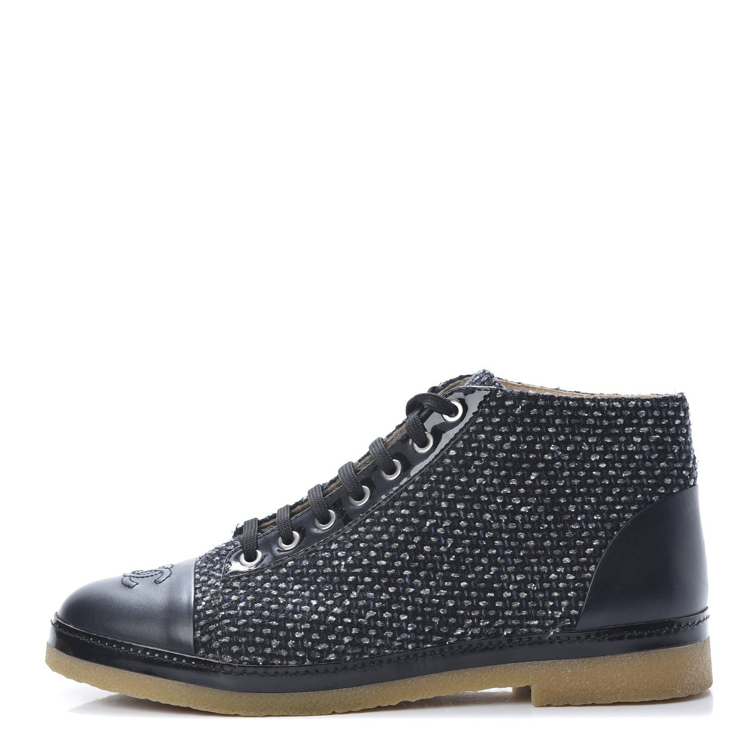 Chanel Tweed Calfskin Patent CC Lace Up Short Boots 41 Black Grey Dark Navy 1 of 9