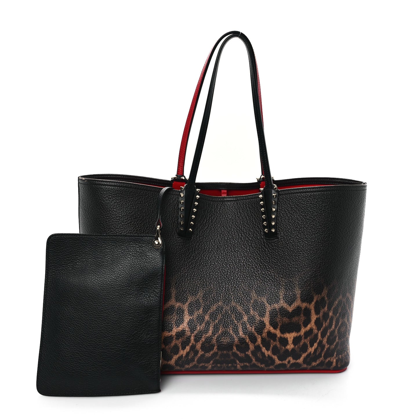 Calfskin Degrade Leopard Print Spikes East West Cabata Tote Black Multi