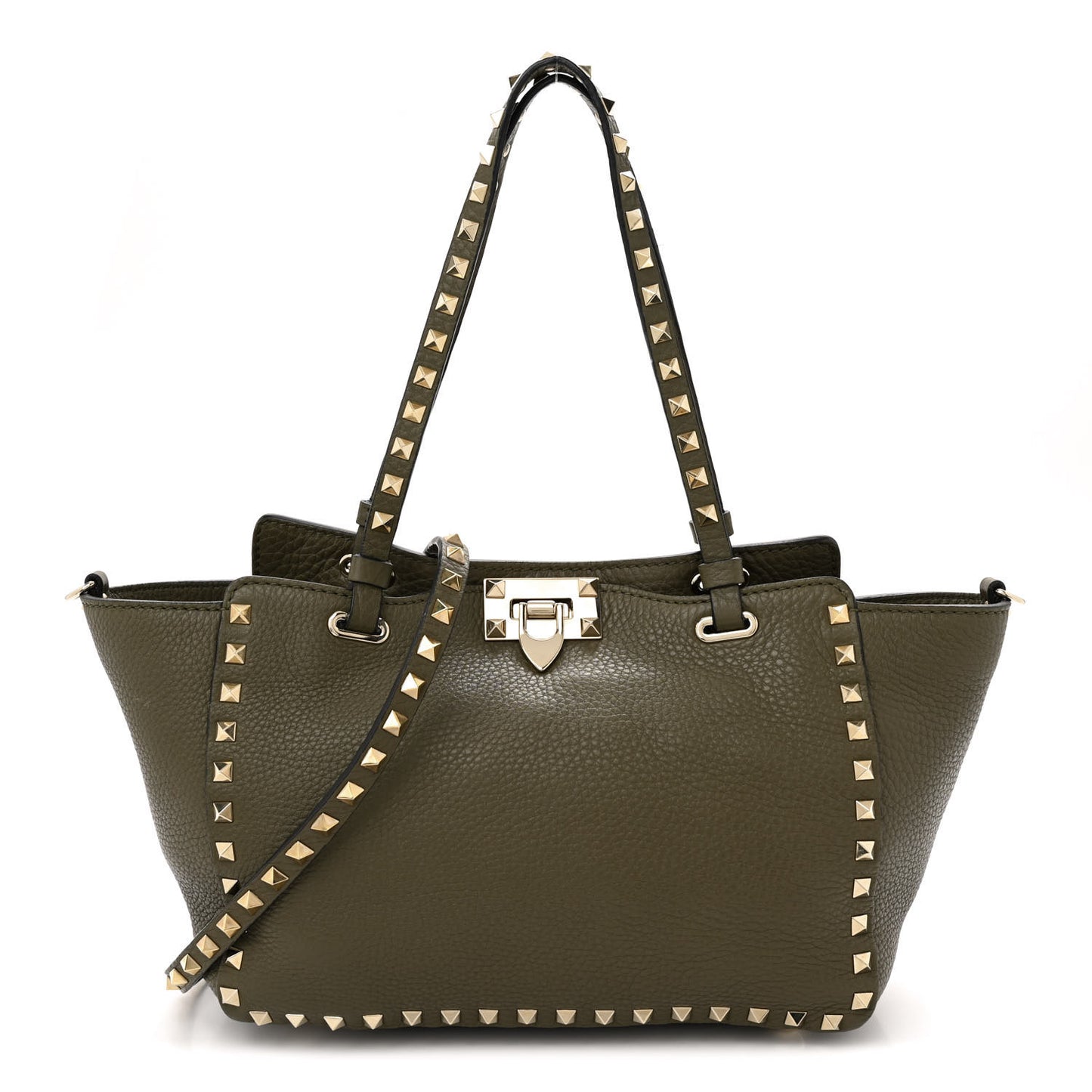 VALENTINO GARAVANI Pebbled Calfskin Small Rockstud Tote Army Green