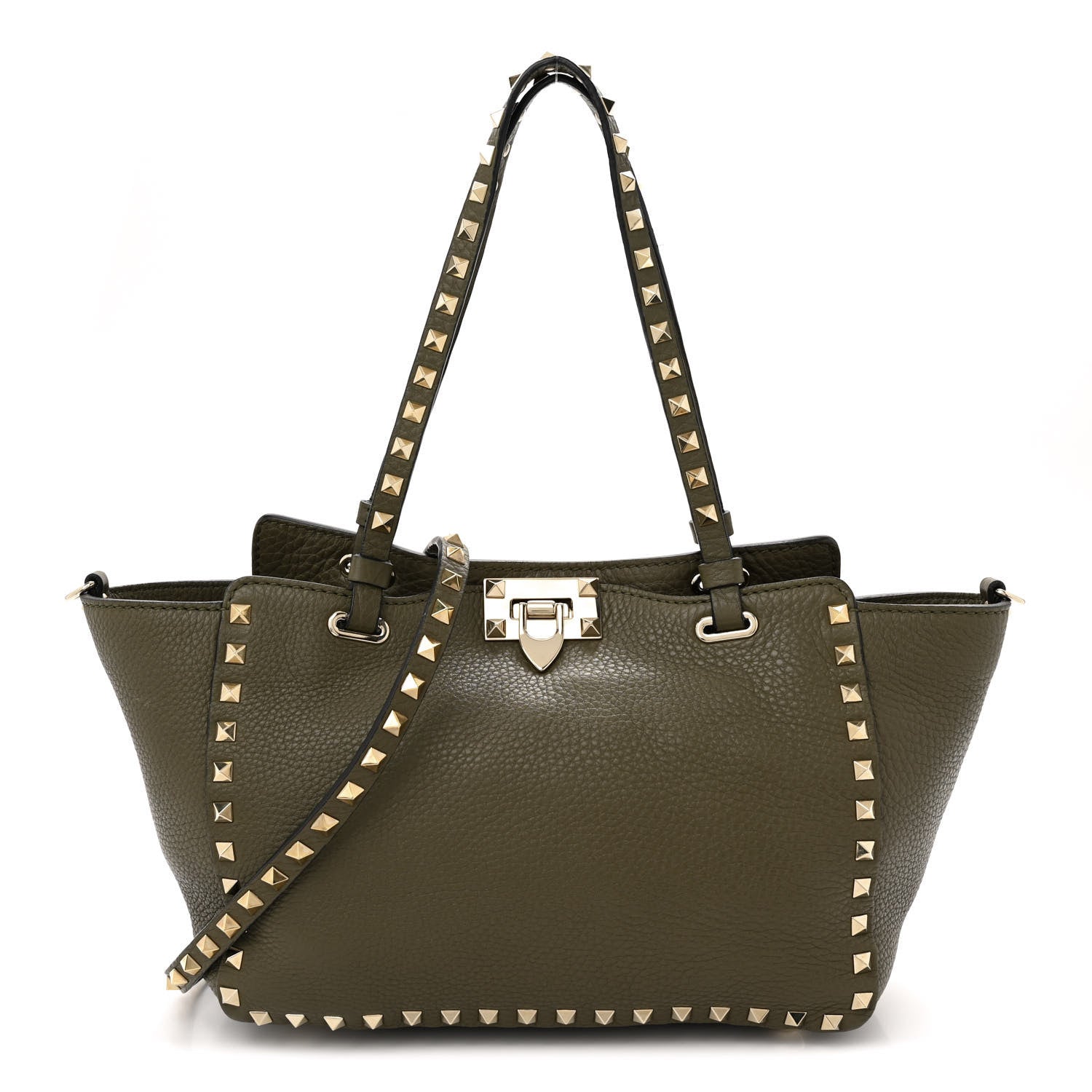 Valentino Garavani VALENTINO GARAVANI Pebbled Calfskin Small Rockstud Tote Army Green 1 of 10