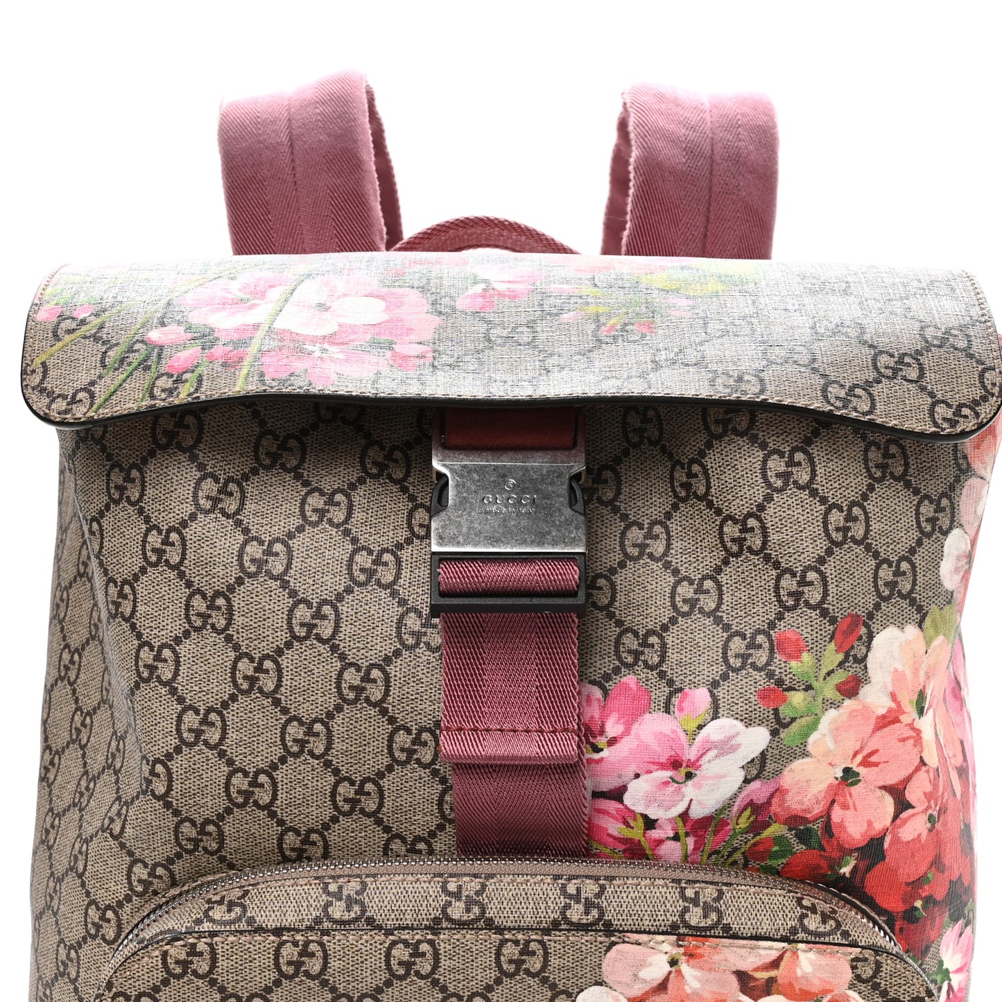 GG Supreme Monogram Blooms Medium Single Buckle Backpack Beige Multicolor Dry Rose