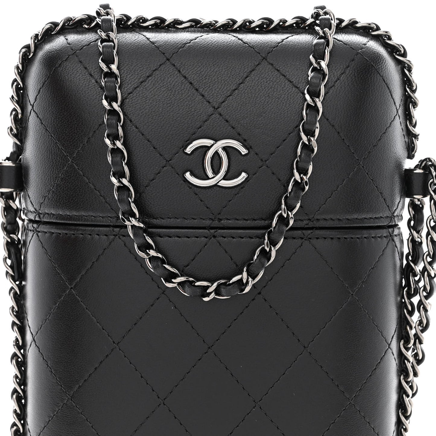 Lambskin Quilted Chain Around Phone Holder Black