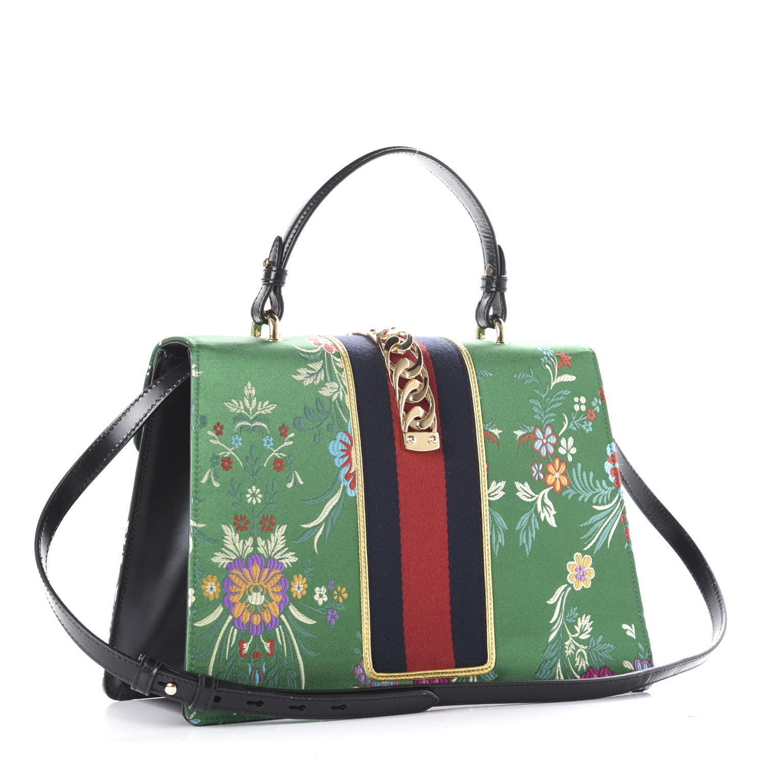 Gucci Jacquard Floral Medium Sylvie Top Handle Bag Green Multicolor Black 3 of 11
