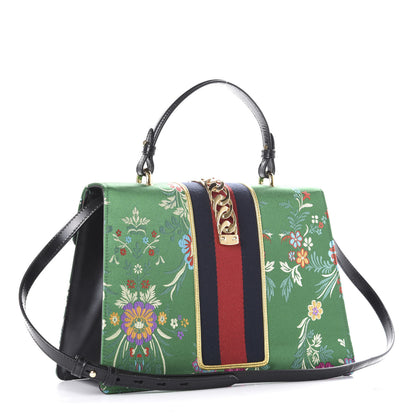 Gucci Jacquard Floral Medium Sylvie Top Handle Bag Green Multicolor Black 3 of 11