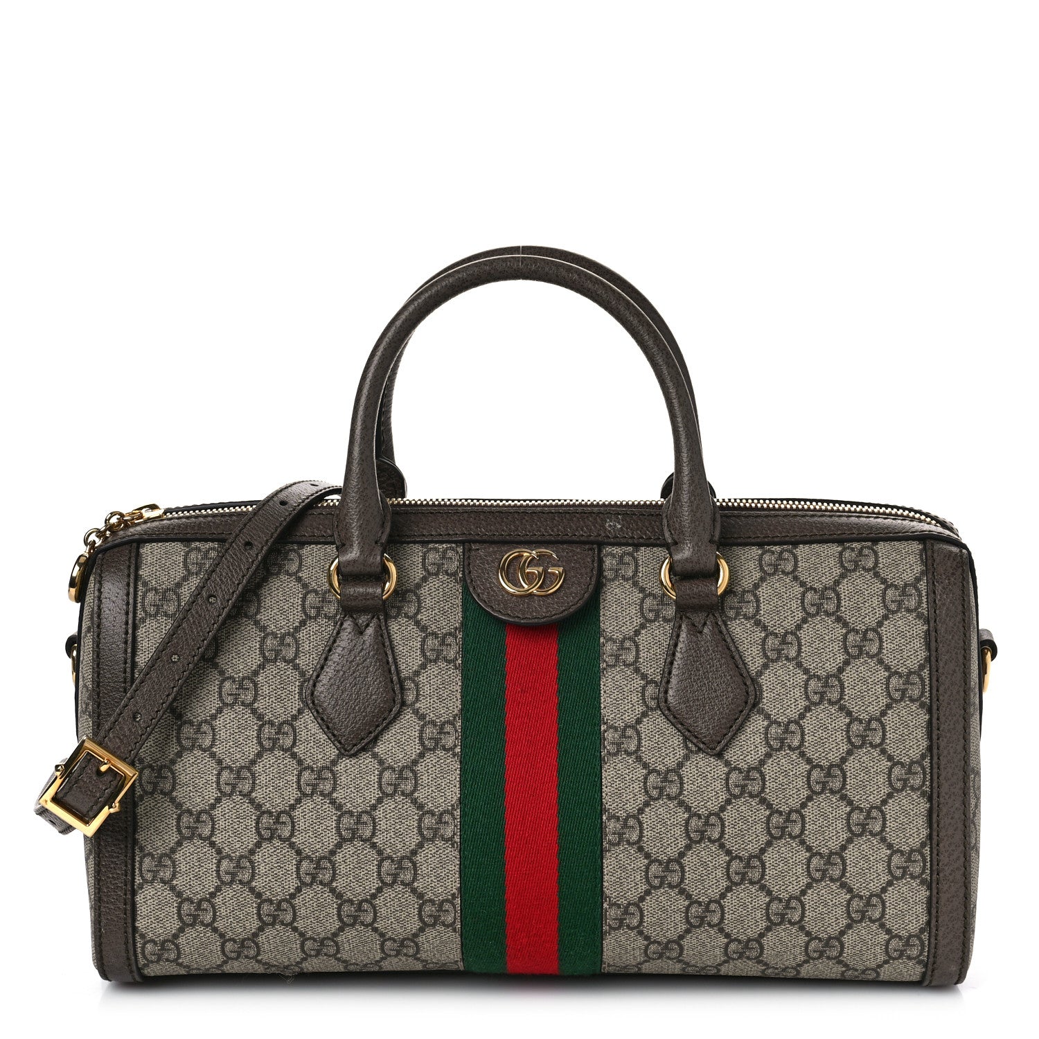 Gucci GG Supreme Monogram Textured Dollar Calfskin Web Medium Ophidia Boston Beige Ebony New Acero 1 of 12