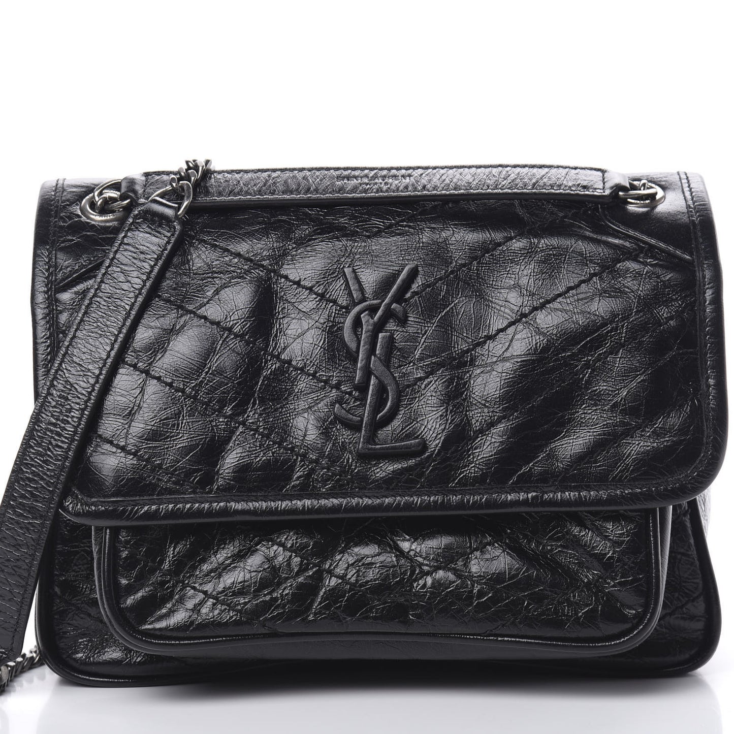 Crinkled Calfskin Matelasse Monogram Baby Niki Chain Satchel Black