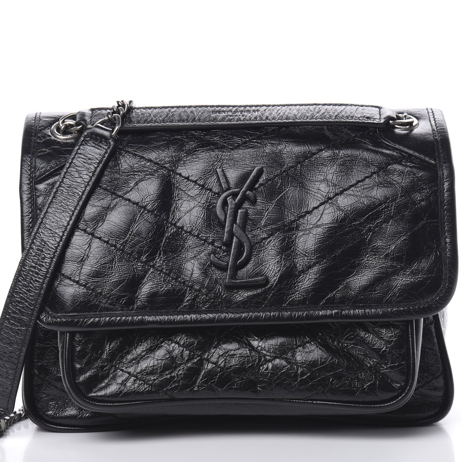 Saint Laurent Crinkled Calfskin Matelasse Monogram Baby Niki Chain Satchel Black 8 of 11