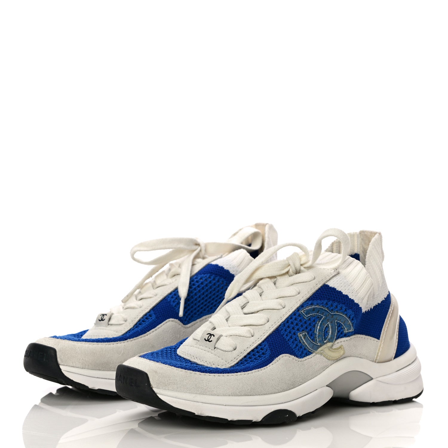 Chanel Fabric Suede Calfskin Stretch CC Sneakers 36 White Blue 4 of 9